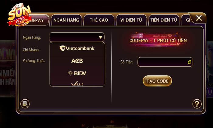 Nạp tiền Sunwin bằng Code Pay tiện ích, nhanh chóng